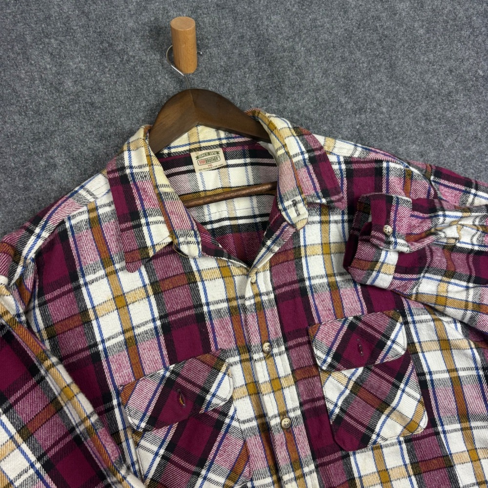 Five Brother Flannel Shirt Mens 3XL Burgundy Plaid Heavyweight Long Sleeve=
